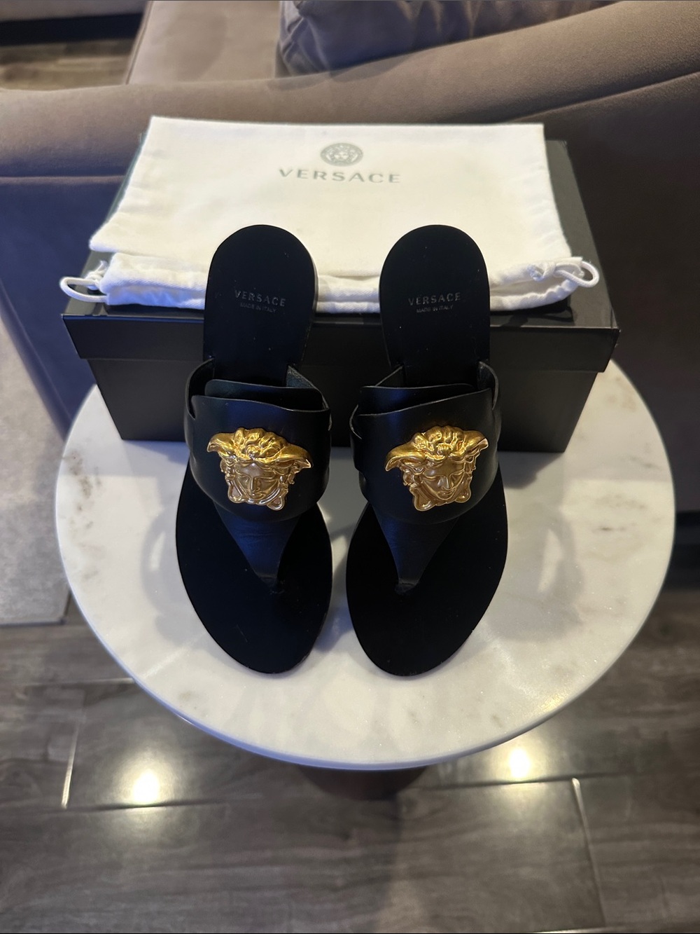 Versace Black Leather Thong Sandals with Gold Medusa Plaques